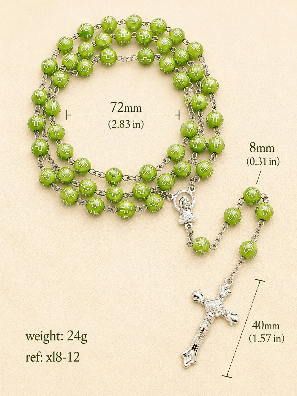 Catholic Lime Green Beaded Rosary Silver Crucifix Mary Cross Prayer Beads